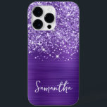 Glittery Amethyst Purple Glam Name Case-Mate iPhone 14 Pro Max Case<br><div class="desc">Customise the modern handwritten style script to create your own case.
Add a monogram initial to create a first name initial combination.
Girly faux purple glitter and brushed amethyst metal foil digital art will print like a photo.</div>