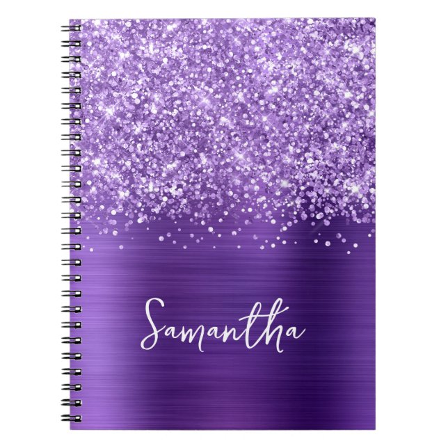 Glittery Amethyst Purple Glam Script Name Notebook (Front)