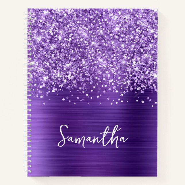 Glittery Amethyst Purple Glam Script Name Notebook (Front)