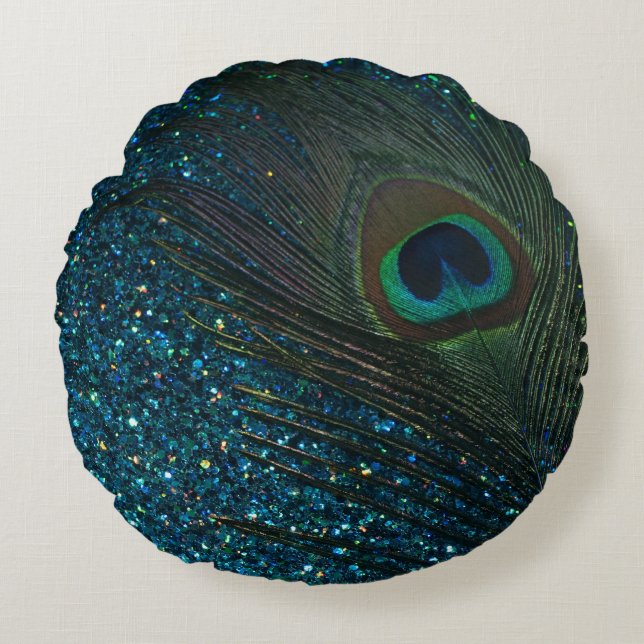 Glittery Aqua Blue Peacock Round Cushion (Front)