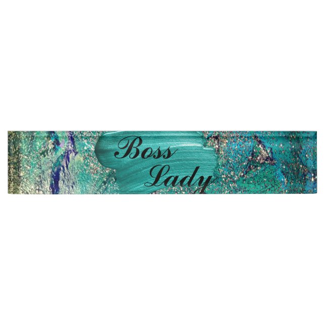 Glittery Aqua Paint Strokes Boss Lady    Nameplate (Front)