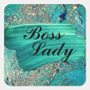 Glittery Aqua Paint Strokes Boss Lady Square Sticker