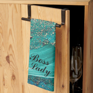 Glittery Aqua Paint Strokes Boss Lady     Tea Towel