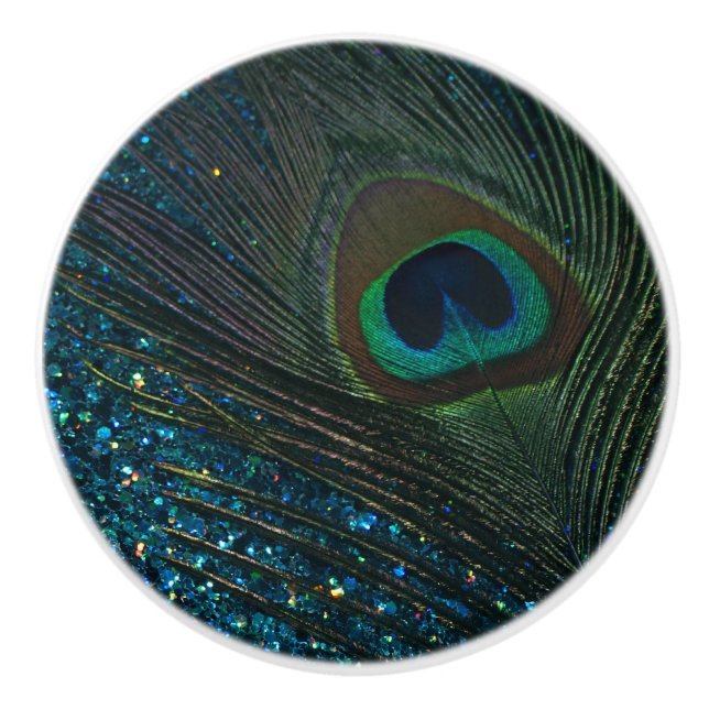 Glittery Aqua Peacock Ceramic Knob (Front)
