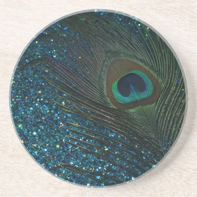 Glittery Aqua Peacock Coaster (Front)