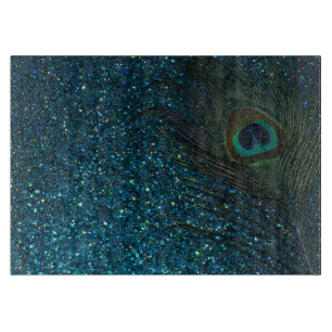 Glittery Aqua Peacock Feather Cutting Board