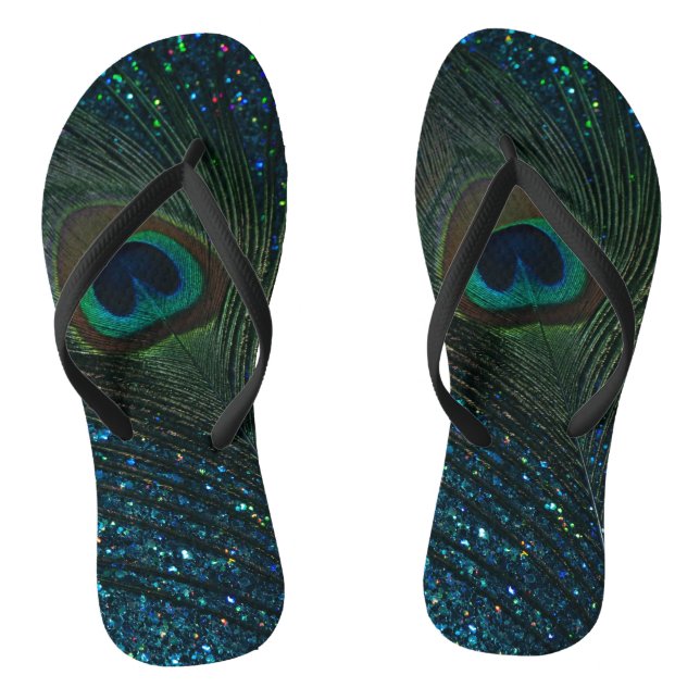 Glittery Aqua Peacock Feather Jandals (Footbed)