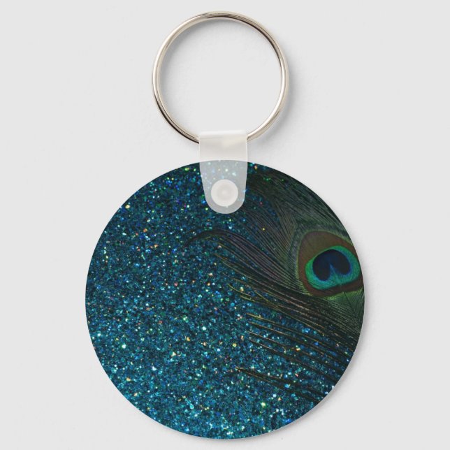 Glittery Aqua Peacock Key Ring (Front)