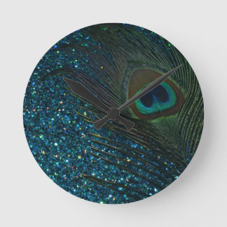 Glittery Aqua Peacock Round Clock