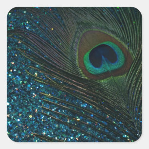 Glittery Aqua Peacock Square Sticker