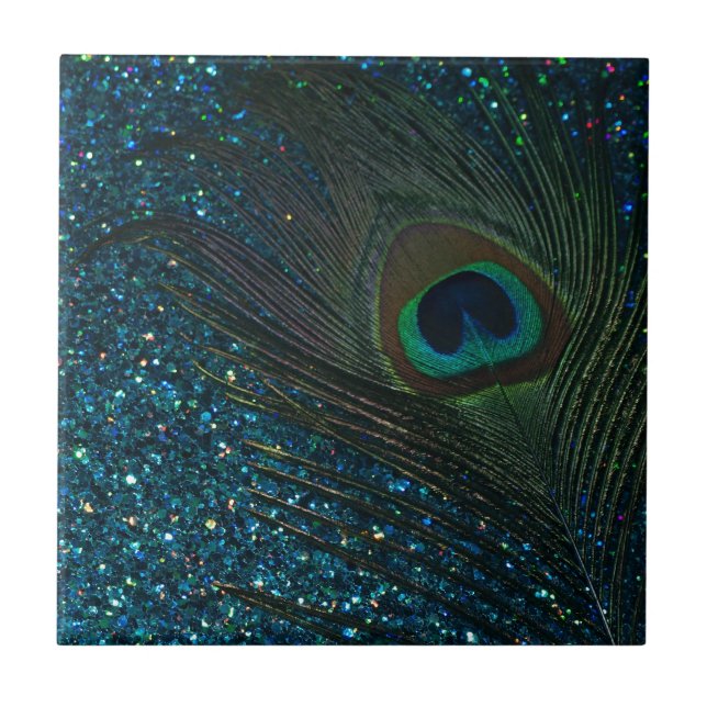 Glittery Aqua Peacock Tile (Front)
