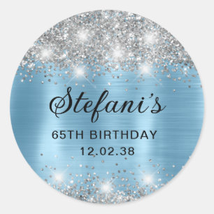 Glittery Baby Blue Foil 65th Birthday Classic Classic Round Sticker