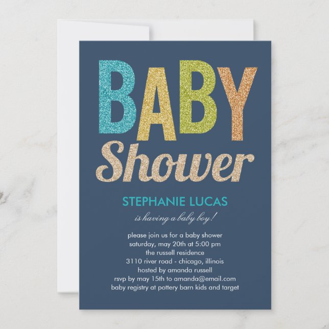 Glittery Baby Shower Invitation - Boy (Front)