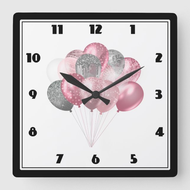 Glittery Balloon Bunch in Pink and Silver Square Wall Clock (Front)