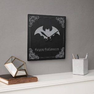 Glittery Bat Halloween Square Wall Clock