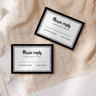 Glittery Bat Mitzvah Elegant Black and Silver RSVP Card