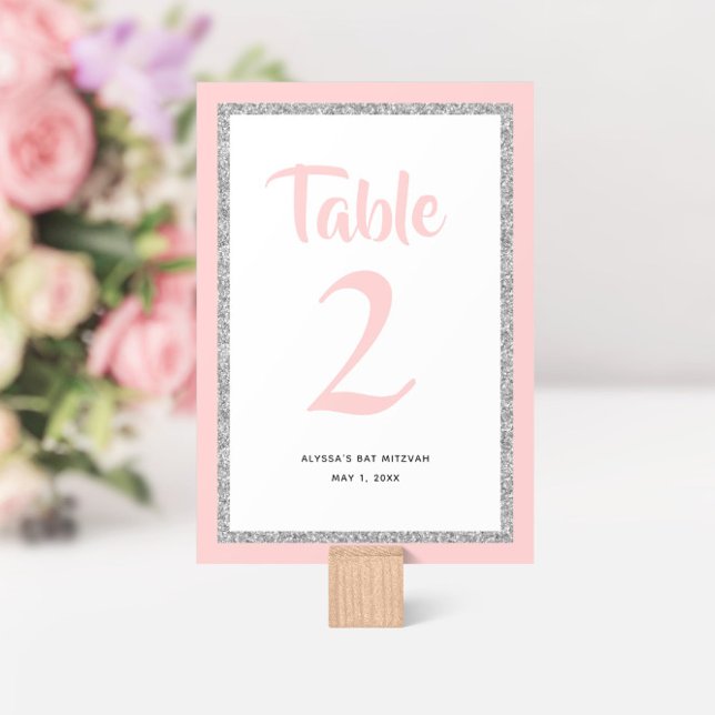 Glittery Bat Mitzvah Light Pink and Silver  Table Number (Creator Uploaded)