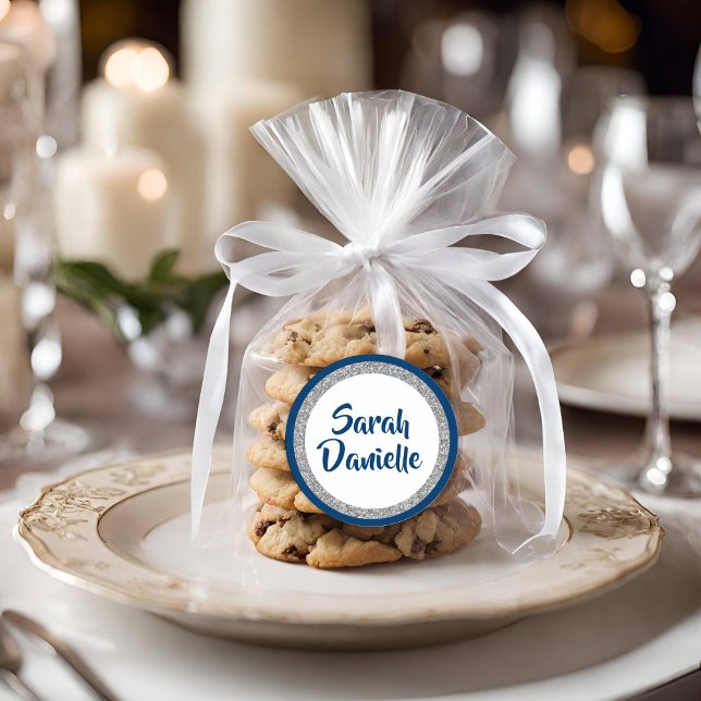 Glittery Bat Mitzvah Navy Blue and Silver Favour  Classic Round Sticker (Creator Uploaded)