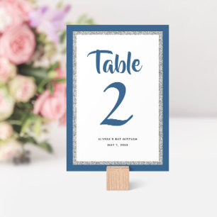 Glittery Bat Mitzvah Navy Blue and Silver  Table Number