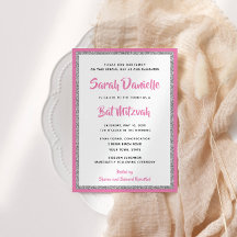 Glittery Bat Mitzvah Pink and Silver Rectangle