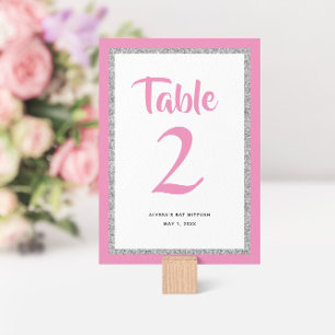 Glittery Bat Mitzvah Pink and Silver Rectangle Table Number