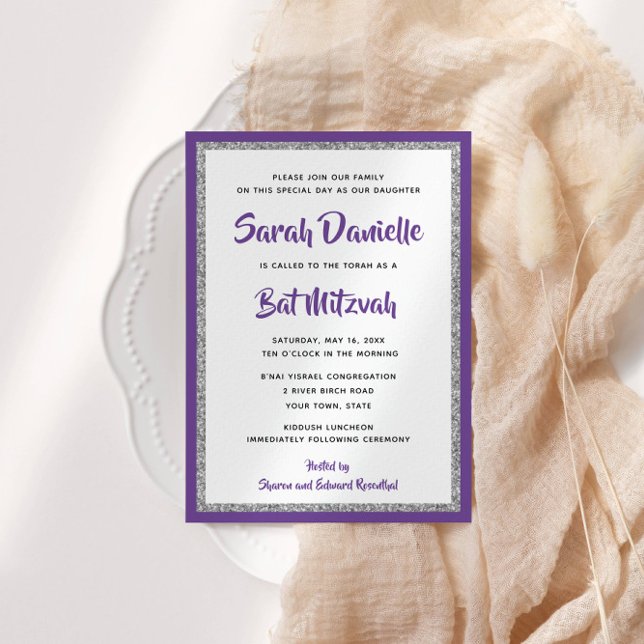 Glittery Bat Mitzvah Purple and Silver Rectangle Invitation (Creator Uploaded)
