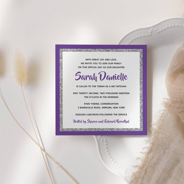 Glittery Bat Mitzvah Purple and Silver Square Invitation (Creator Uploaded)