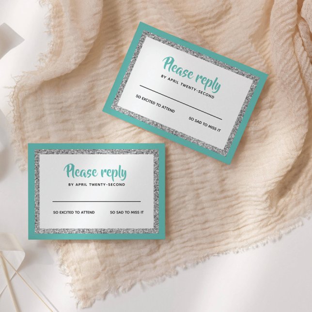 Glittery Bat Mitzvah, Tea and Silver RSVP Card (Creator Uploaded)