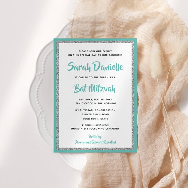 Glittery Bat Mitzvah Teal and Silver Rectangle Invitation (Creator Uploaded)