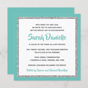 Glittery Bat Mitzvah, Teal and Silver Square Invitation