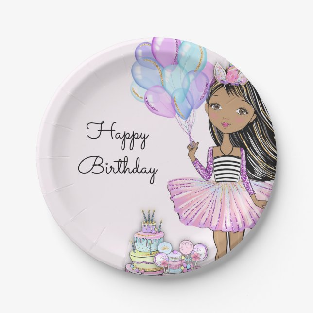 Glittery  Birthday African American Girl Unicorn P Paper Plate (Front)