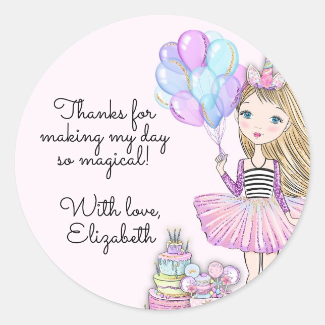Glittery Birthday Glam Girl Unicorn  Classic Round Sticker (Front)