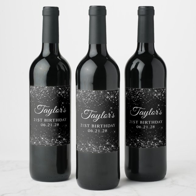 Glittery Black 21st Birthday Wine Label (Bottles)