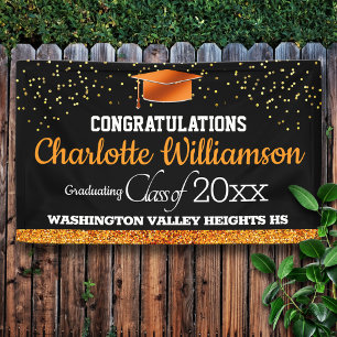 Glittery Black and Orange Graduation Banner