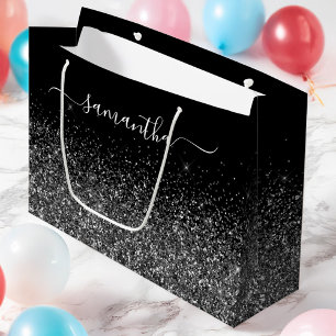 Glittery Black Elegant Signature Swash Name Large Gift Bag