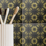 Glittery Black Faux Gold Metallic Damask Pattern Tile<br><div class="desc">Elegant decorative tile design featuring faux gold metallic damask pattern on a black glitter background.</div>