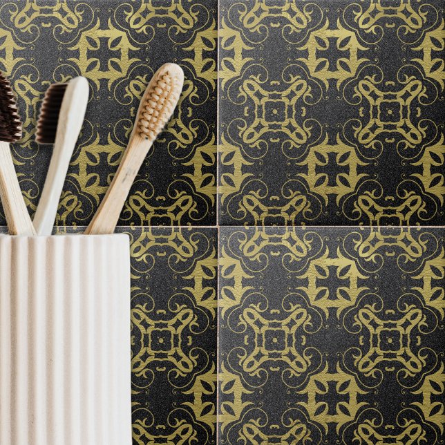 Glittery Black Faux Gold Metallic Damask Pattern Tile (Creator Uploaded)