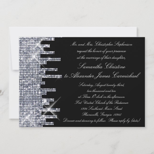 Glittery Black/Silver Glamour Wedding Invitations (Front)