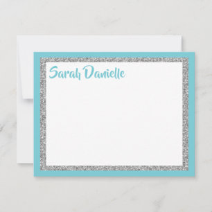 Glittery Blue and Silver Thank You Flat Card