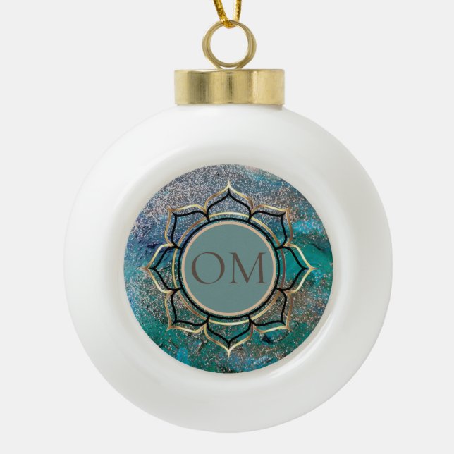 Glittery Blue Elegant OM Lotus    Ceramic Ball Chr Christmas Ornament (Front)
