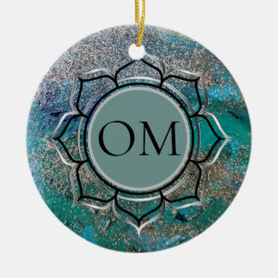 Glittery Blue Elegant OM Lotus Ceramic Tree Decoration