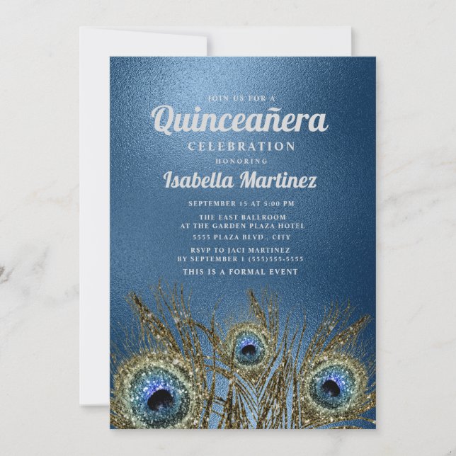 Glittery Blue Gold Peacock Feathers Quinceañera Invitation (Front)