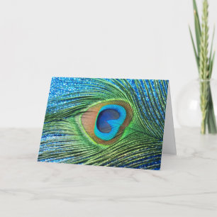 Glittery Blue Peacock Feather Still Life Card