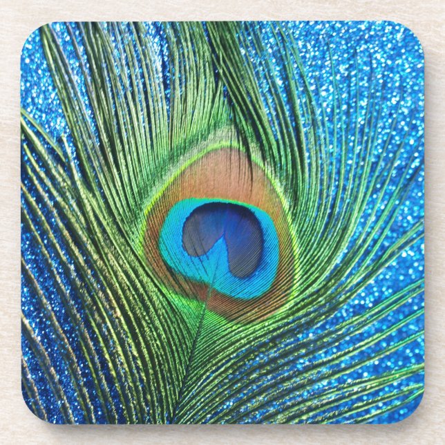Glittery Blue Peacock Feather Still Life Coaster (Front)