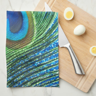 Glittery Blue Peacock Feather Still Life Tea Towel
