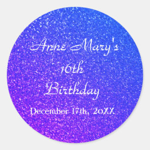 Glittery Blue Sparkle 16th Birthday Custom Name  Classic Round Sticker