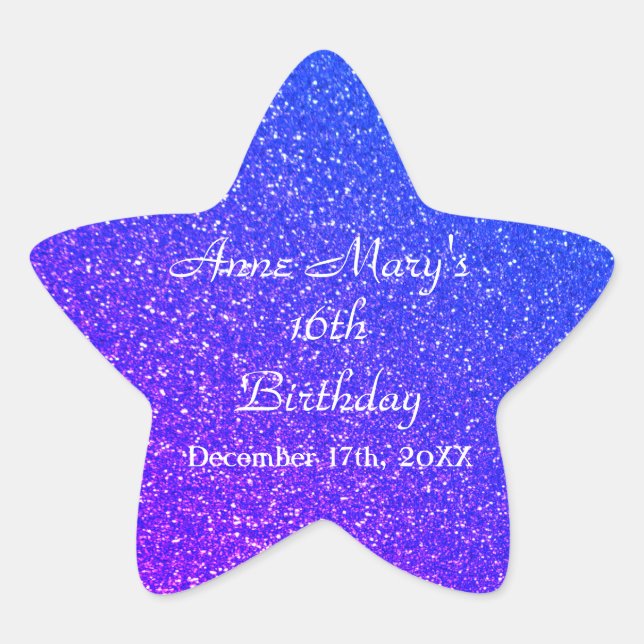 Glittery Blue Sparkle 16th Birthday Custom Name  Star Sticker (Front)
