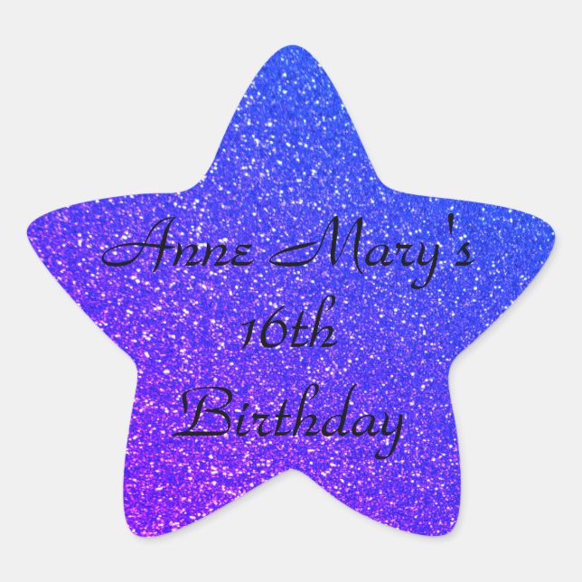 Glittery Blue Sparkle 16th Birthday Custom Name Star Sticker (Front)