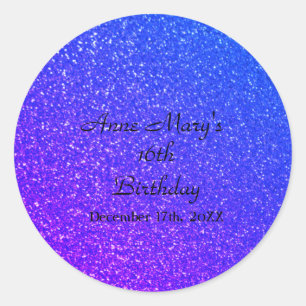 Glittery Blue Sparkle Custom Name 16th Birthday Classic Round Sticker