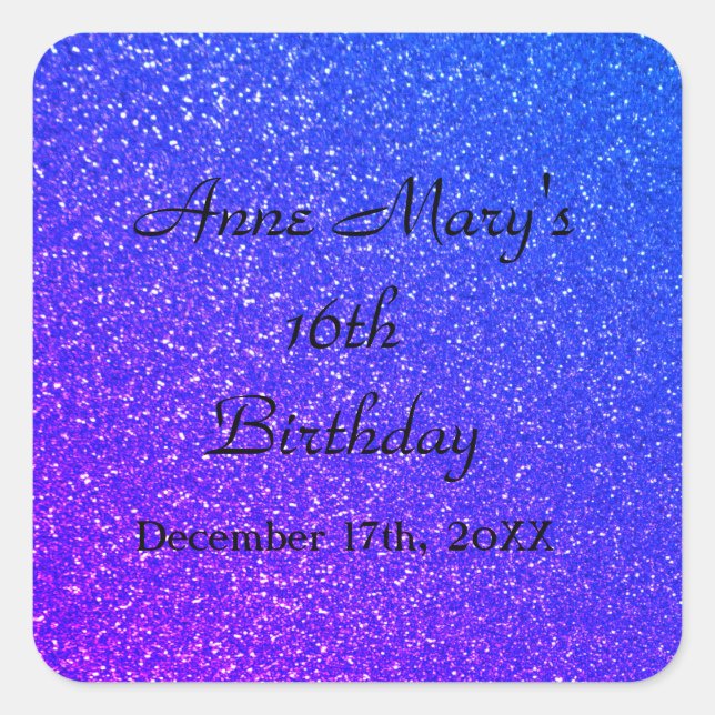 Glittery Blue Sparkle Custom Name 16th Birthday Square Sticker (Front)